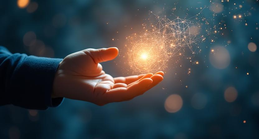 AIと人間の手が触れ合う、哲学的で静かなイメージ